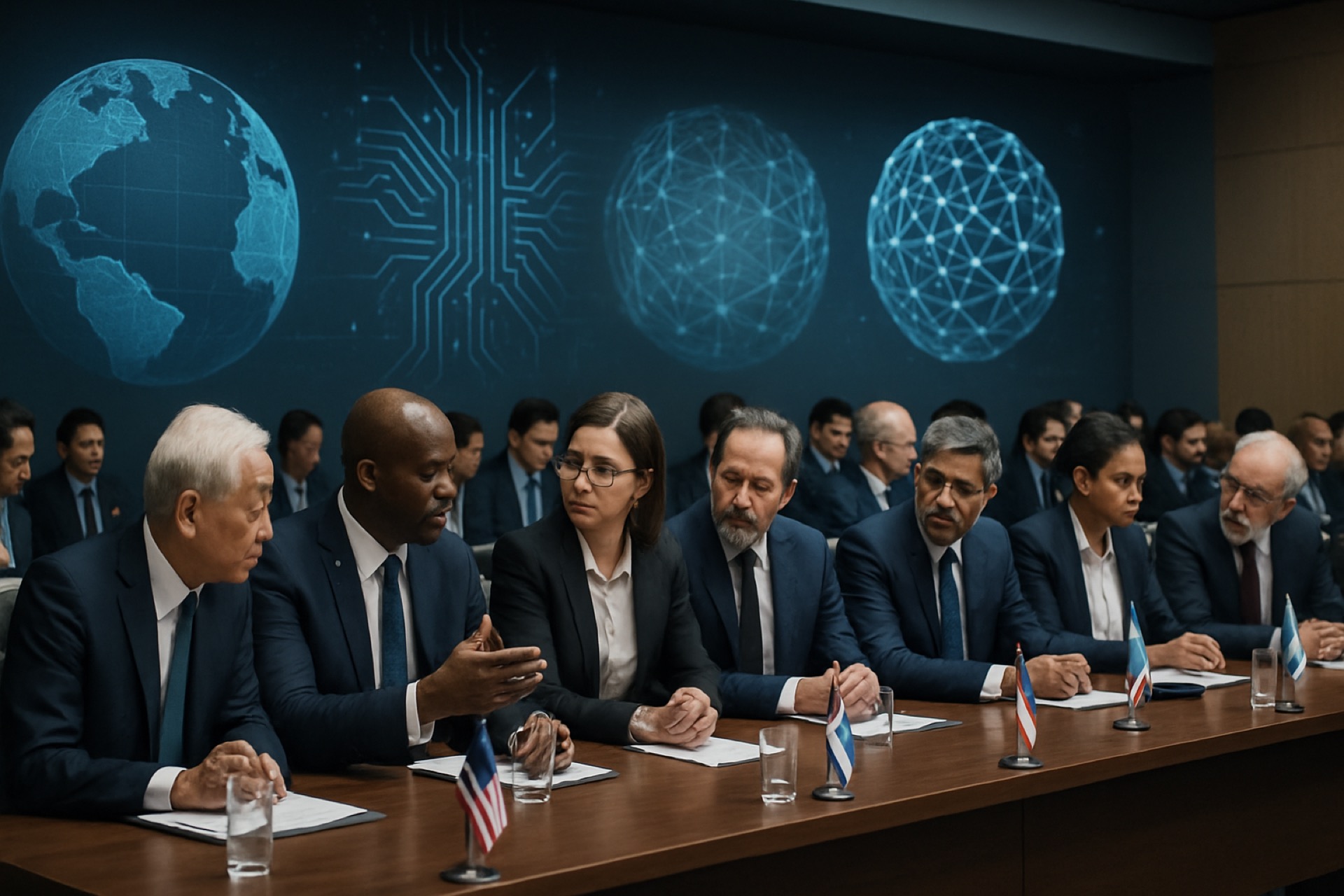 Delegates at an international summit discussing AI, cybercrime and trafficking