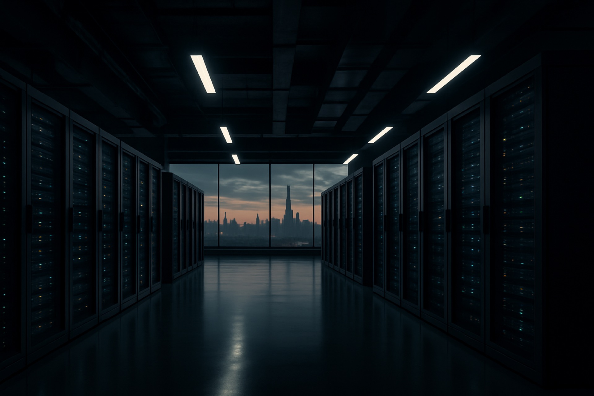 Data centre server racks with dramatic lighting