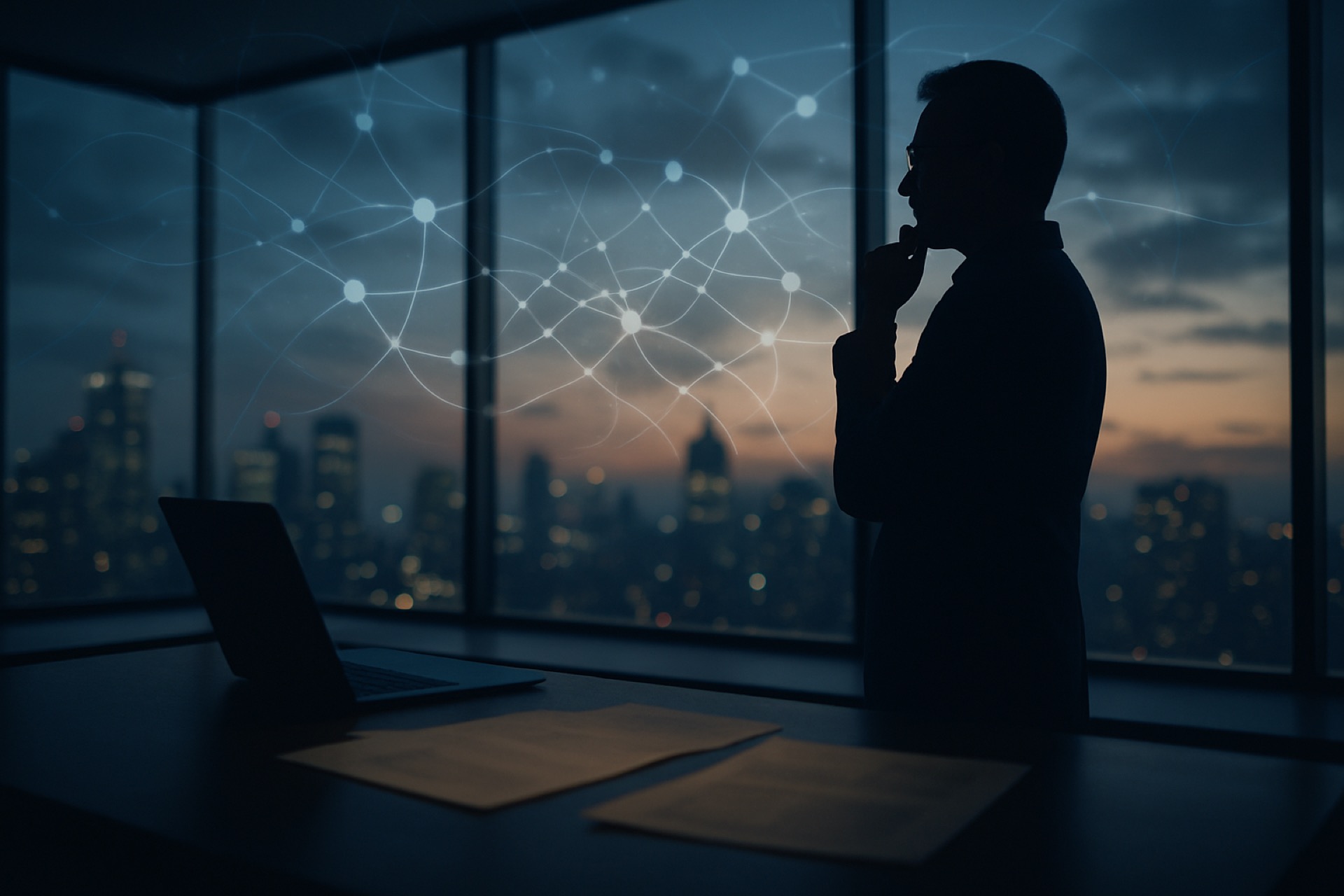 Executive silhouette in a modern office with AI motifs