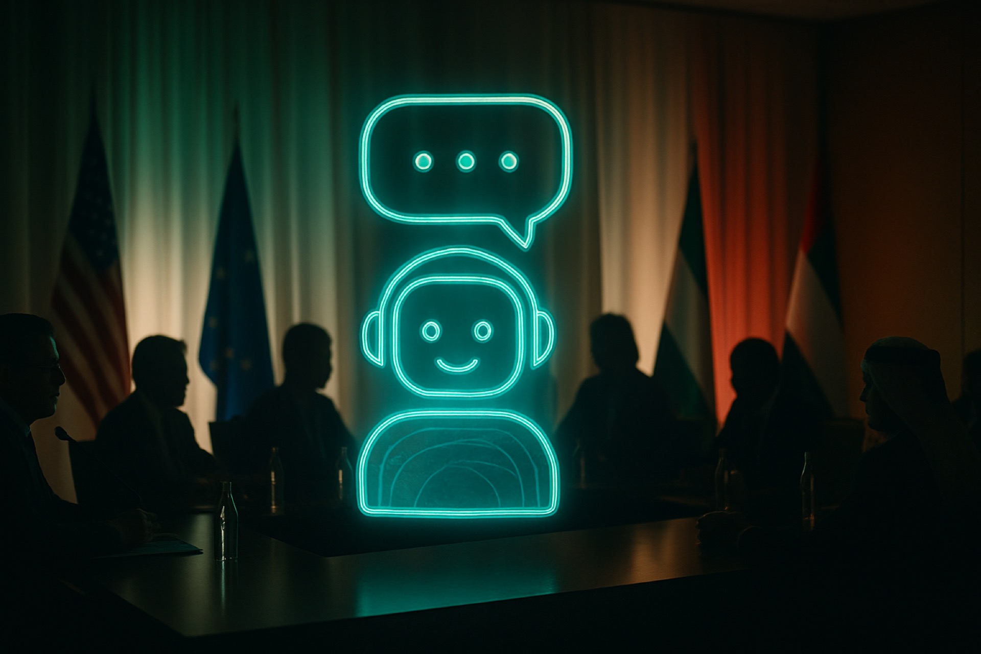 Silhouetted UN experts with abstract AI chatbot interface overlay