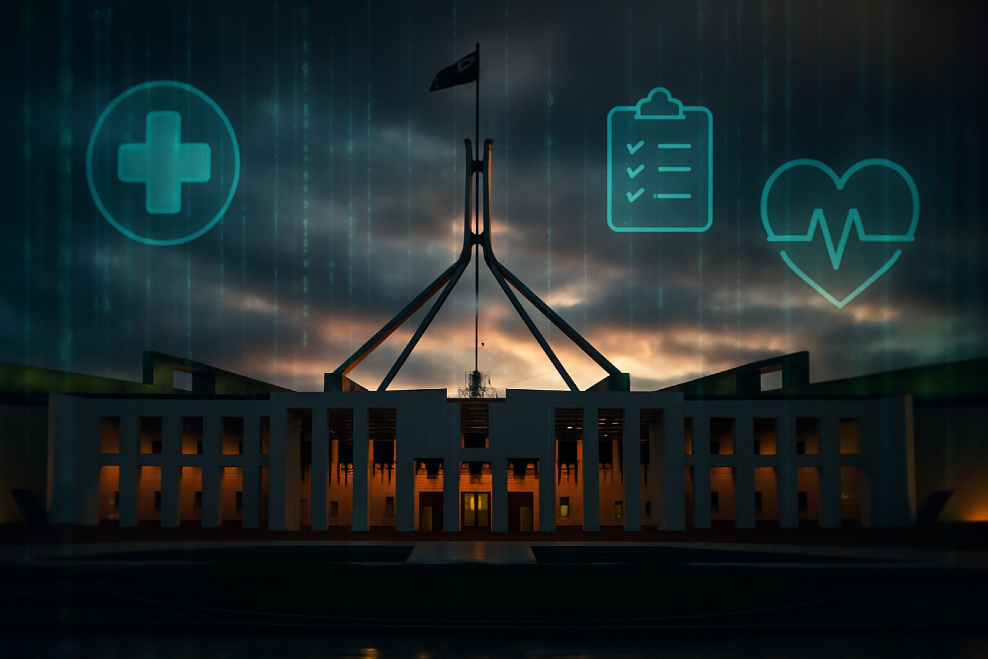 Australian government building with digital security overlay