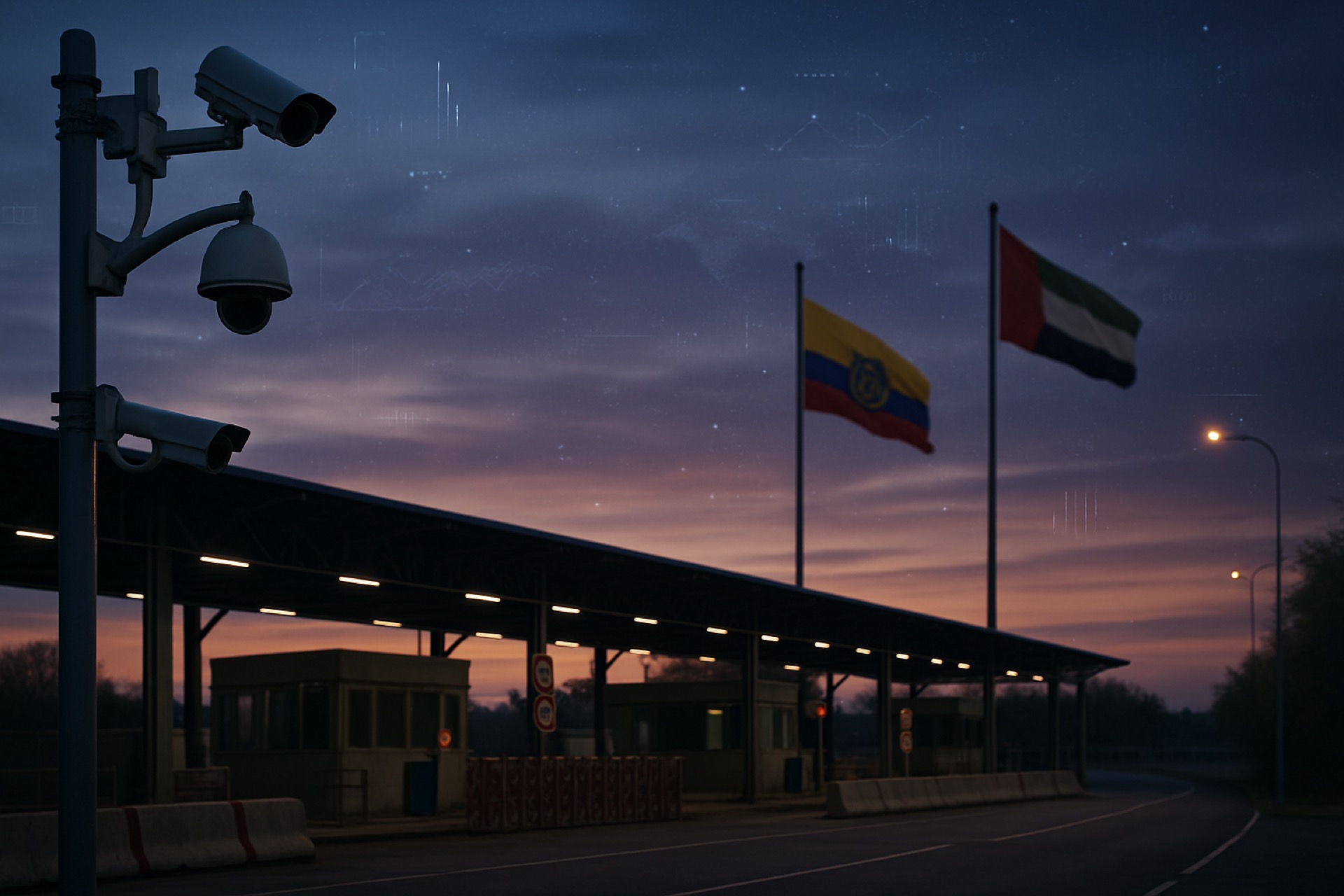 Border checkpoint with surveillance cameras conceptually enhanced by AI overlays