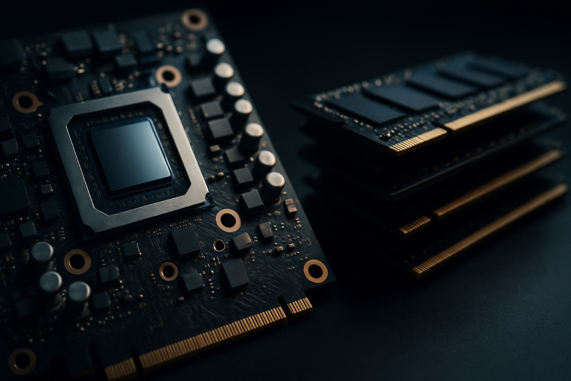 Close-up of a GPU circuit board next to stacked memory modules