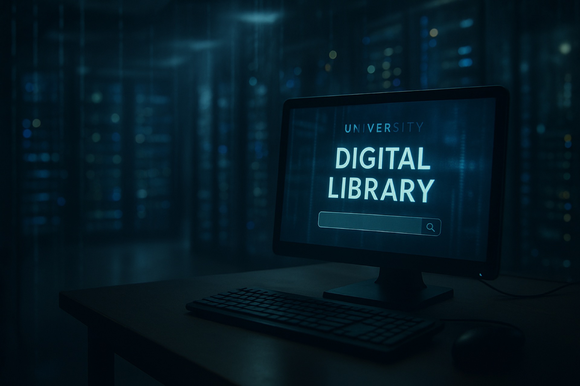 Server racks and abstract AI agent visualization representing alleged intrusion into a university digital library