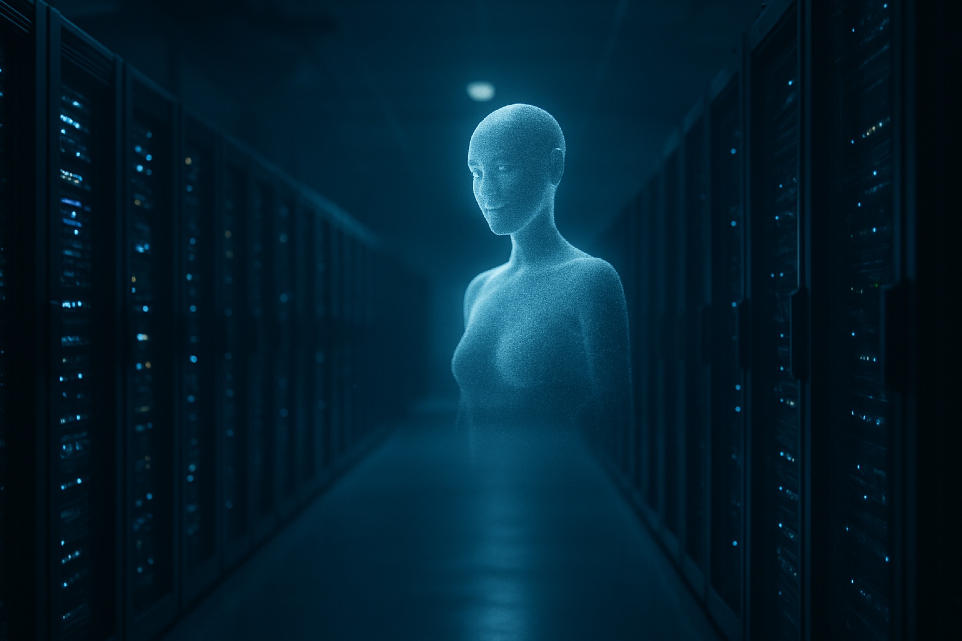 Server room with holographic AI projection