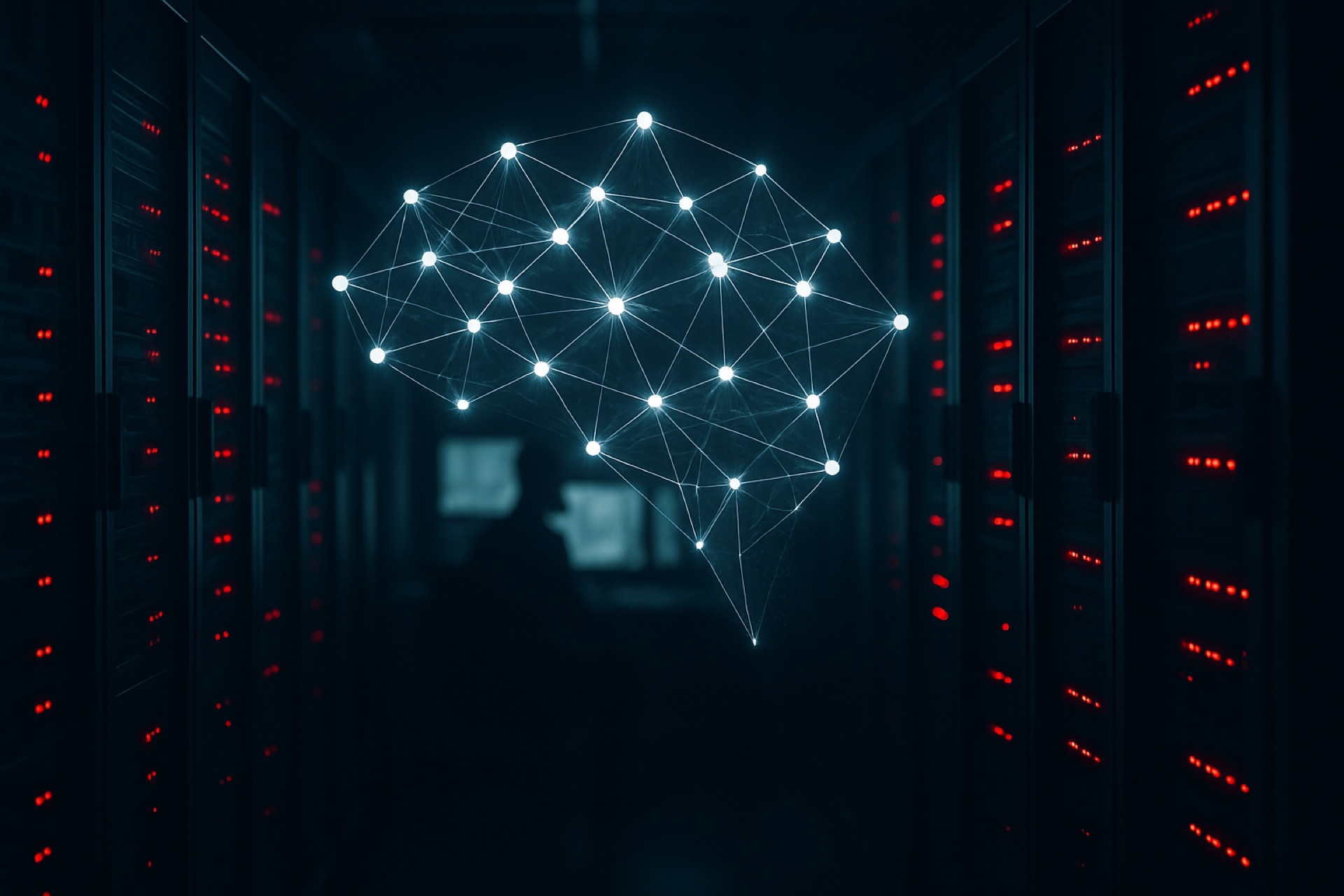 Dark server room with glowing AI neural network overlay and red warning lights