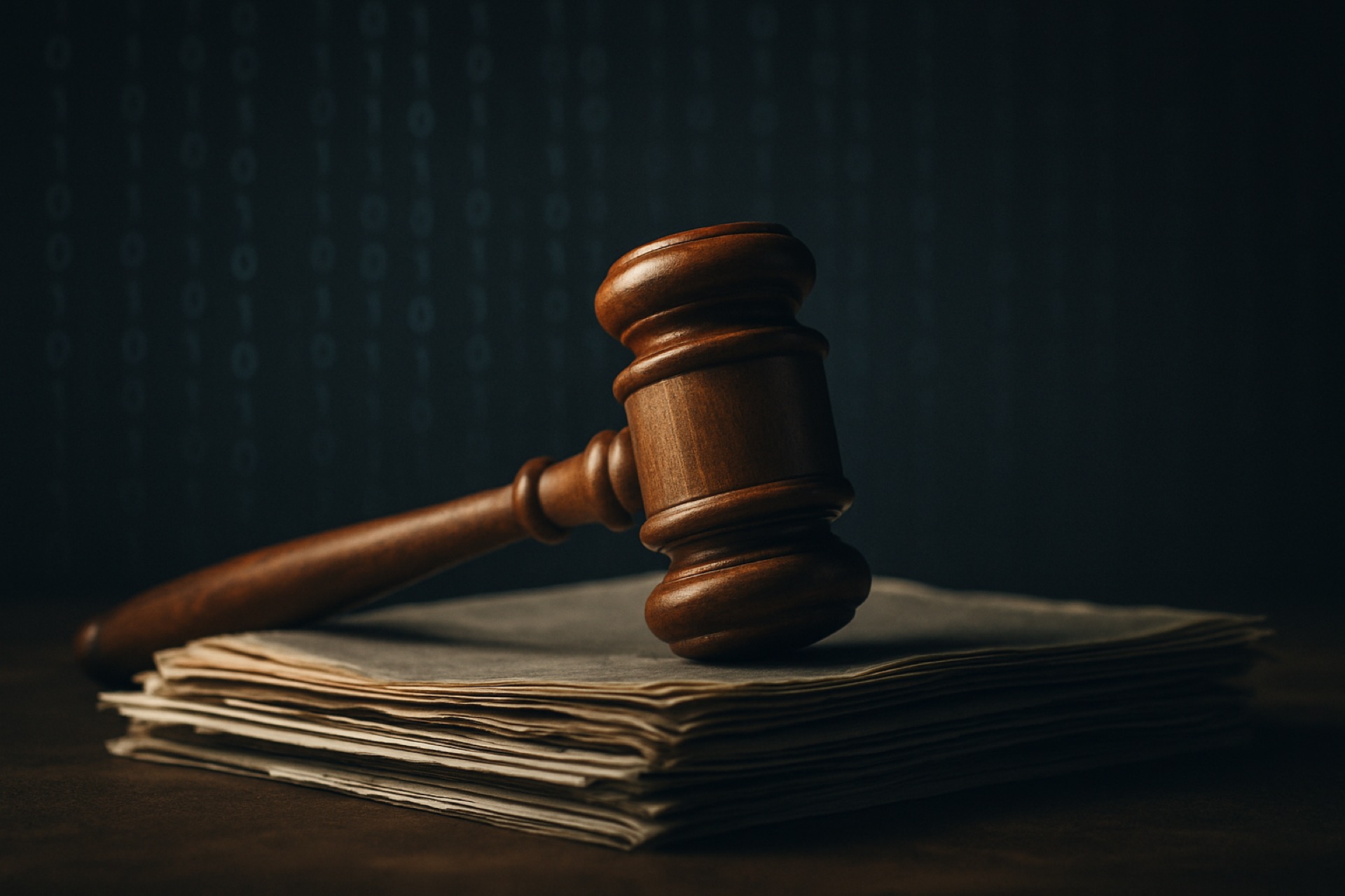 Courtroom gavel resting on newspapers with digital code overlay