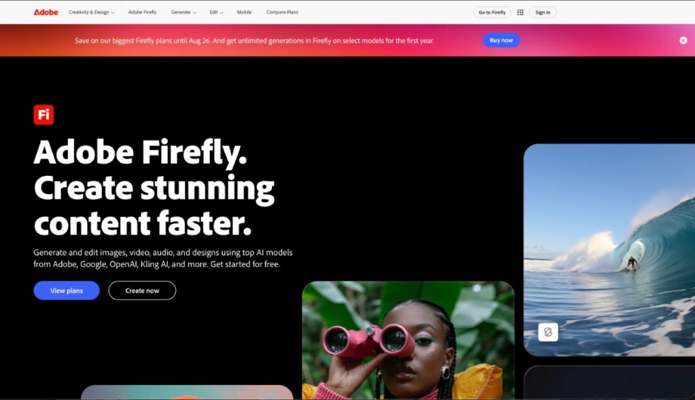 Adobe Firefly landing page for AI image, video and design generation tools