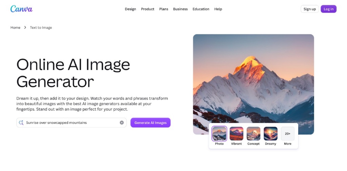 Canva online AI image generator with text-to-image prompt and style presets for beginners