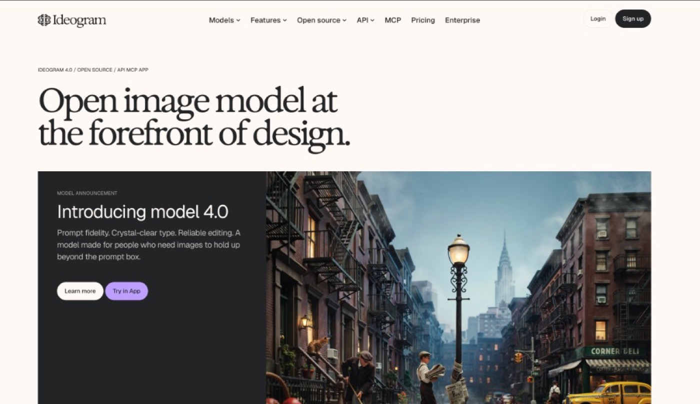 Ideogram 4.0 AI image model homepage highlighting prompt fidelity and clear text in images
