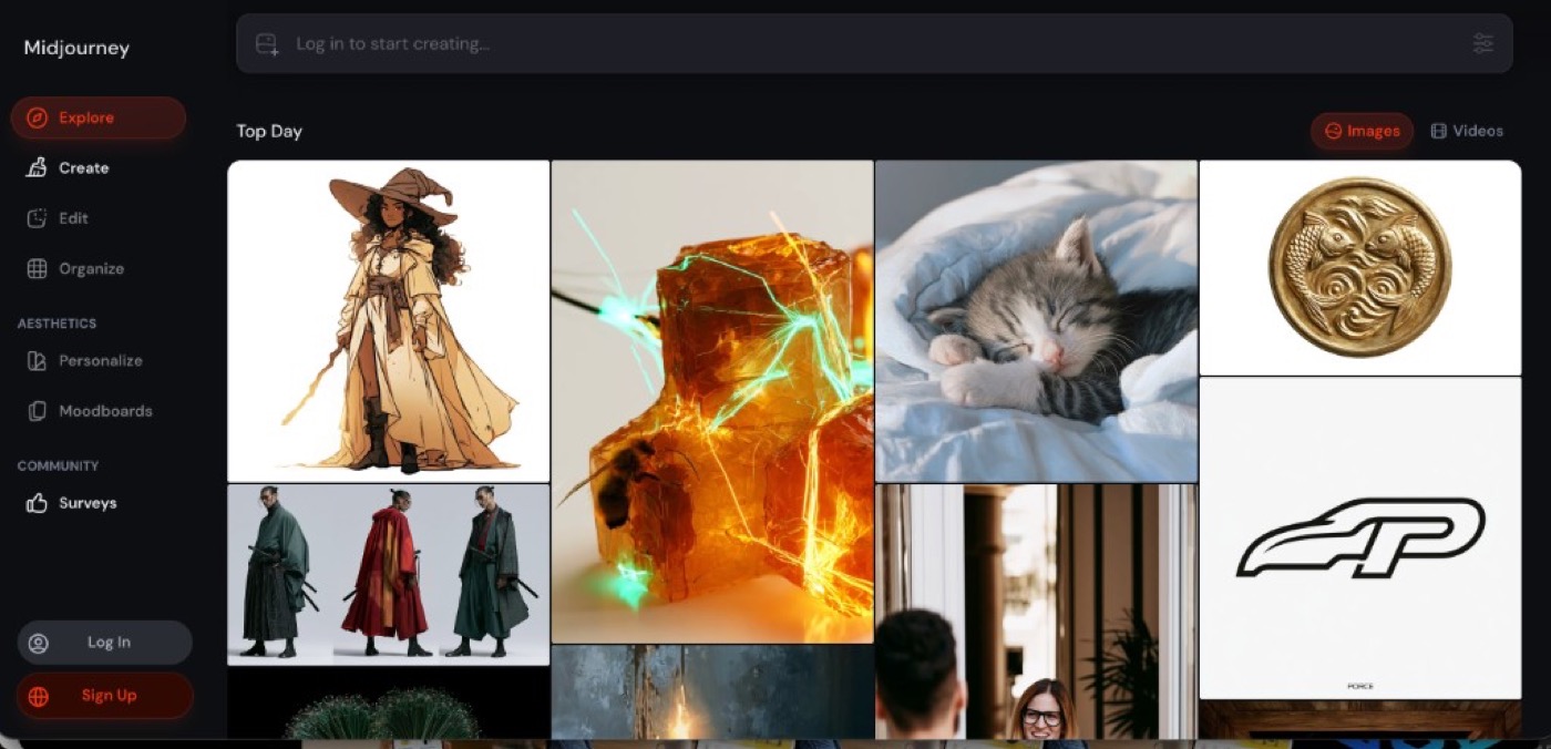 Midjourney Explore page showing top AI-generated images and creative art gallery for AI image generation in 2026