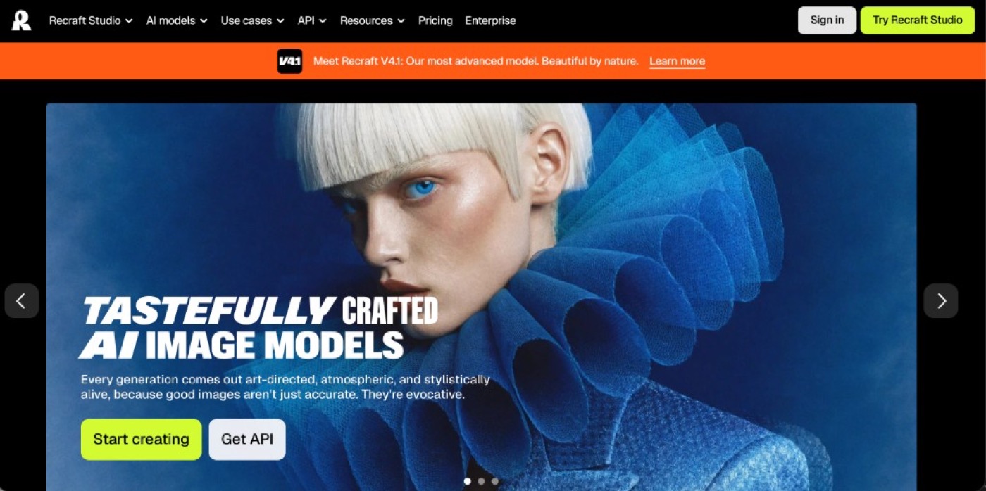 Recraft Studio homepage featuring tastefully crafted AI image models for brand design