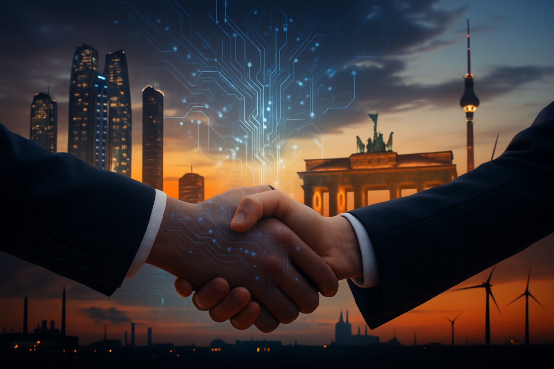 Symbolic handshake between UAE and Germany with AI circuitry and energy infrastructure in background