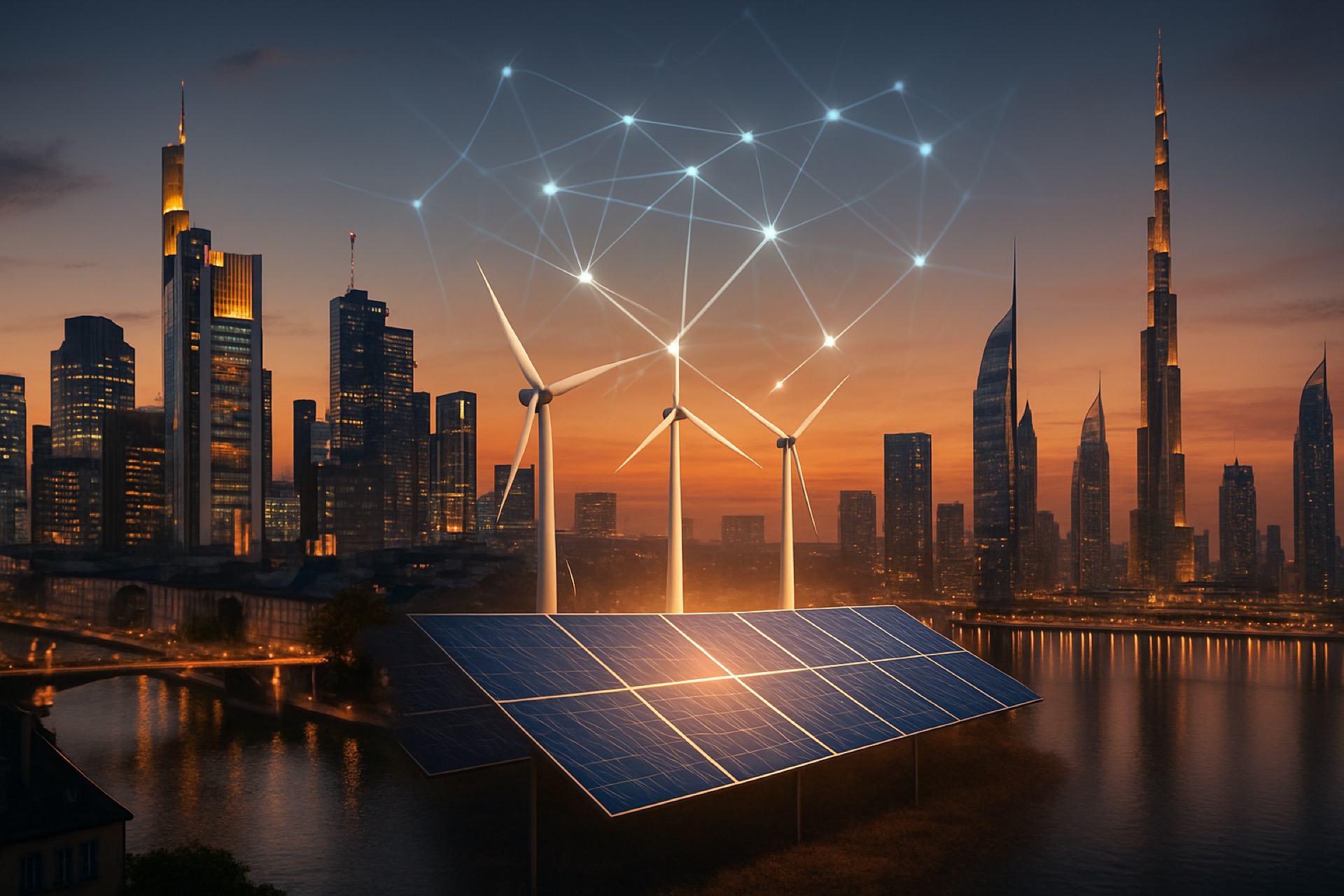 UAE and Germany flags overlaying abstract AI and energy icons