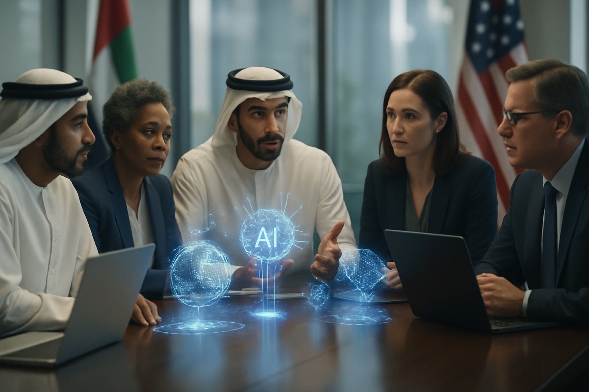 Editorial image of government officials discussing AI policy (illustrative)