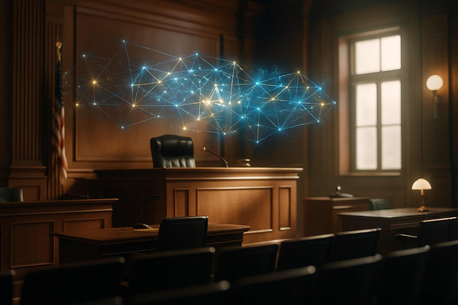 Empty modern courtroom with digital AI overlay
