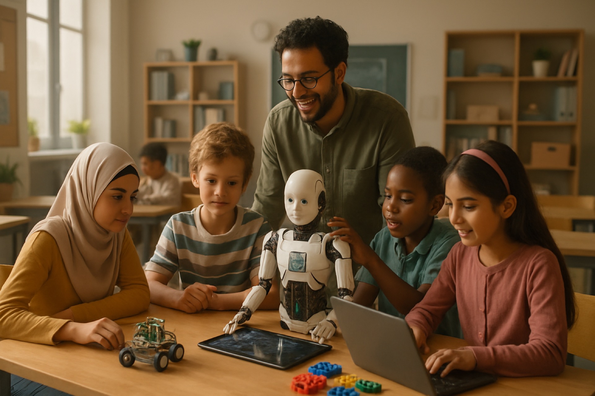 Students engaged in hands-on AI learning activities in a modern classroom