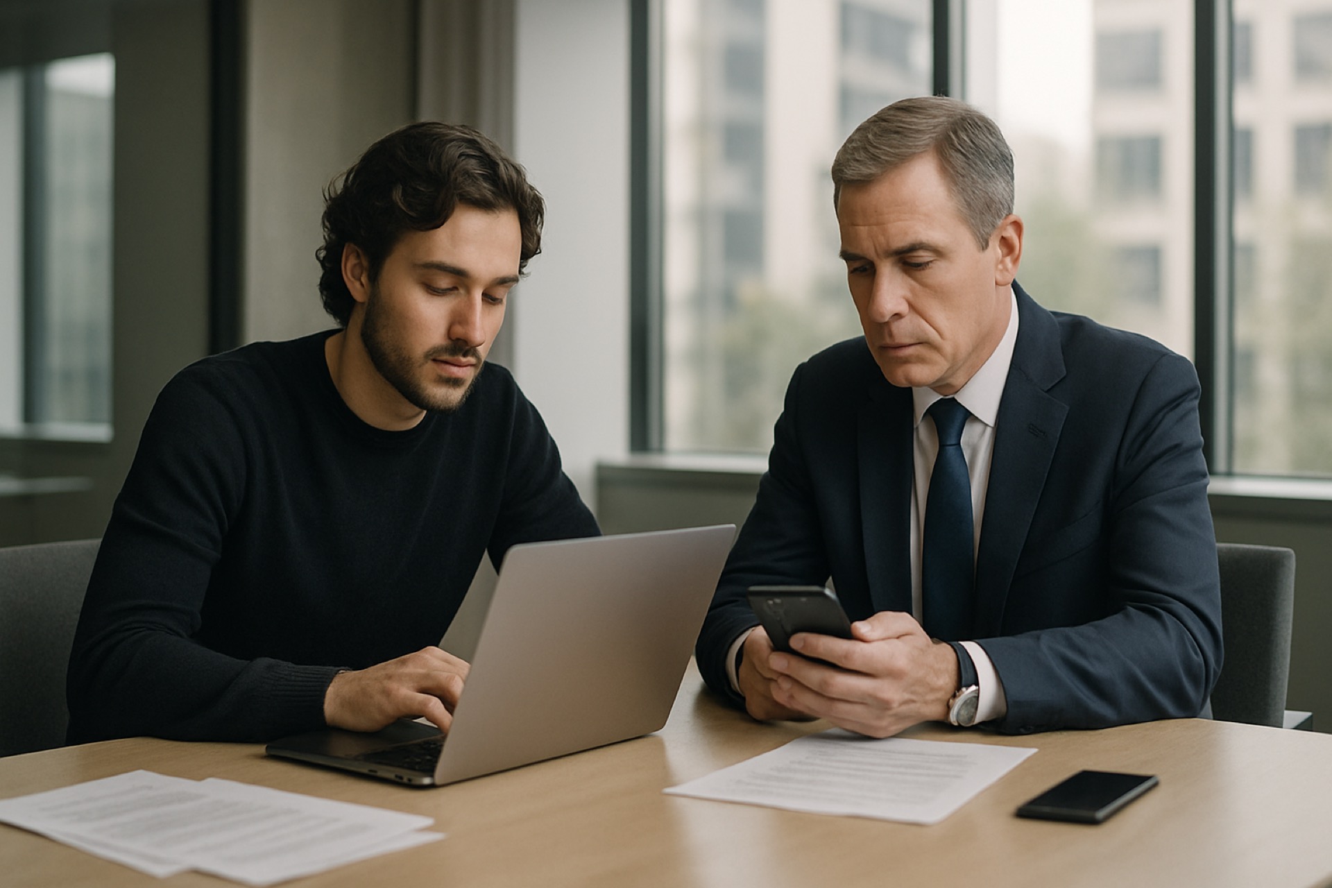 Content creator and public figure reviewing social media content in a modern office conference room