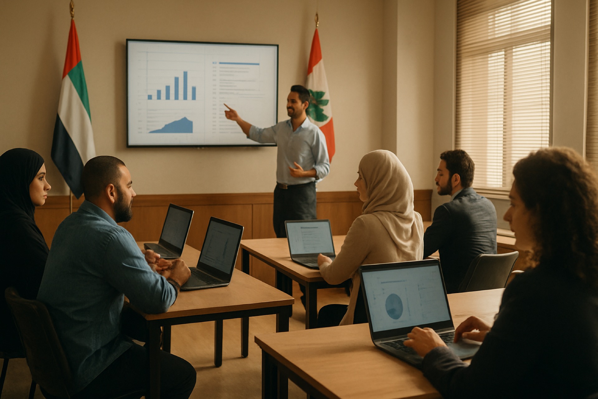 Diverse adult learners in a tech training room with laptops
