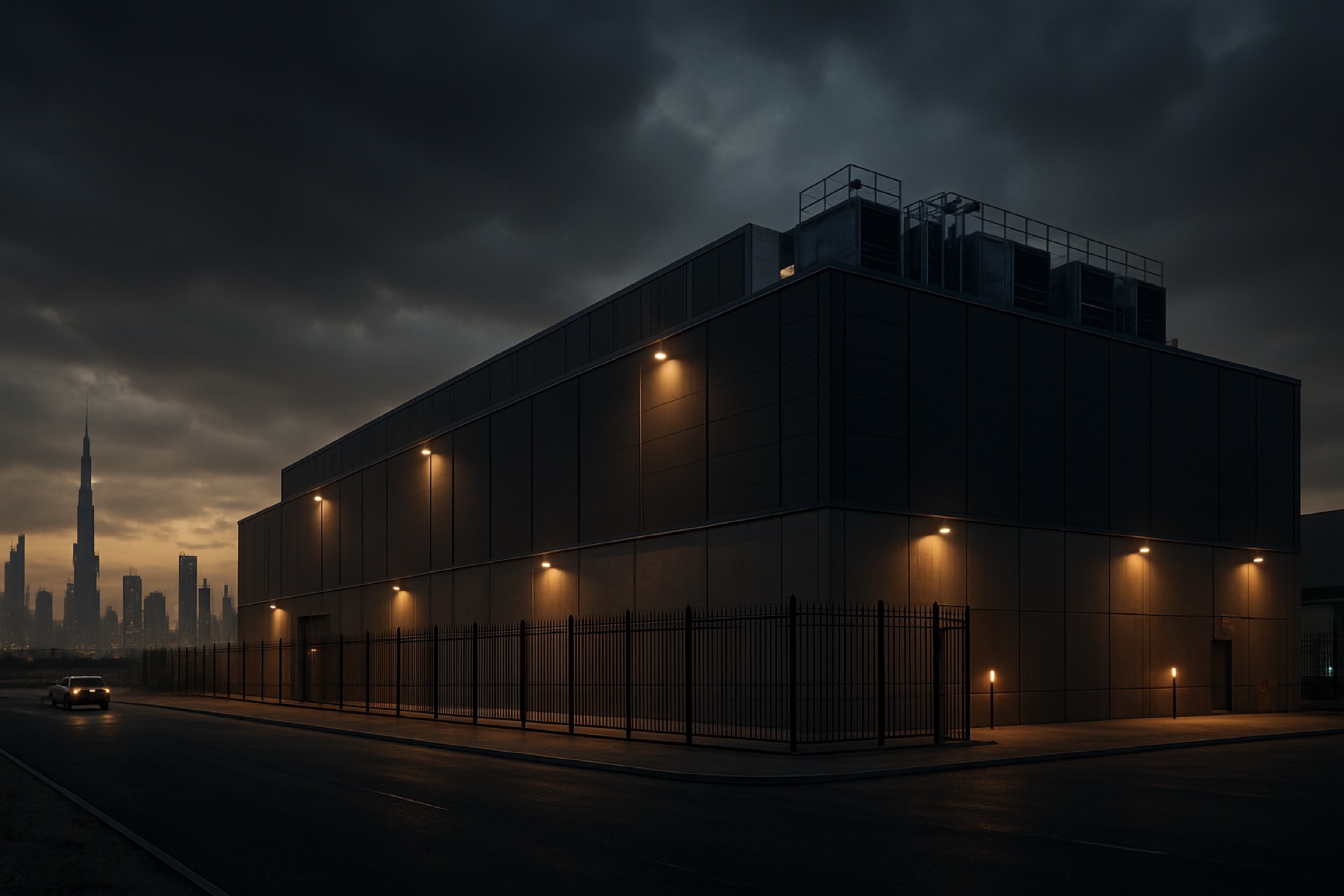 Modern data centre exterior with UAE city skyline at dusk